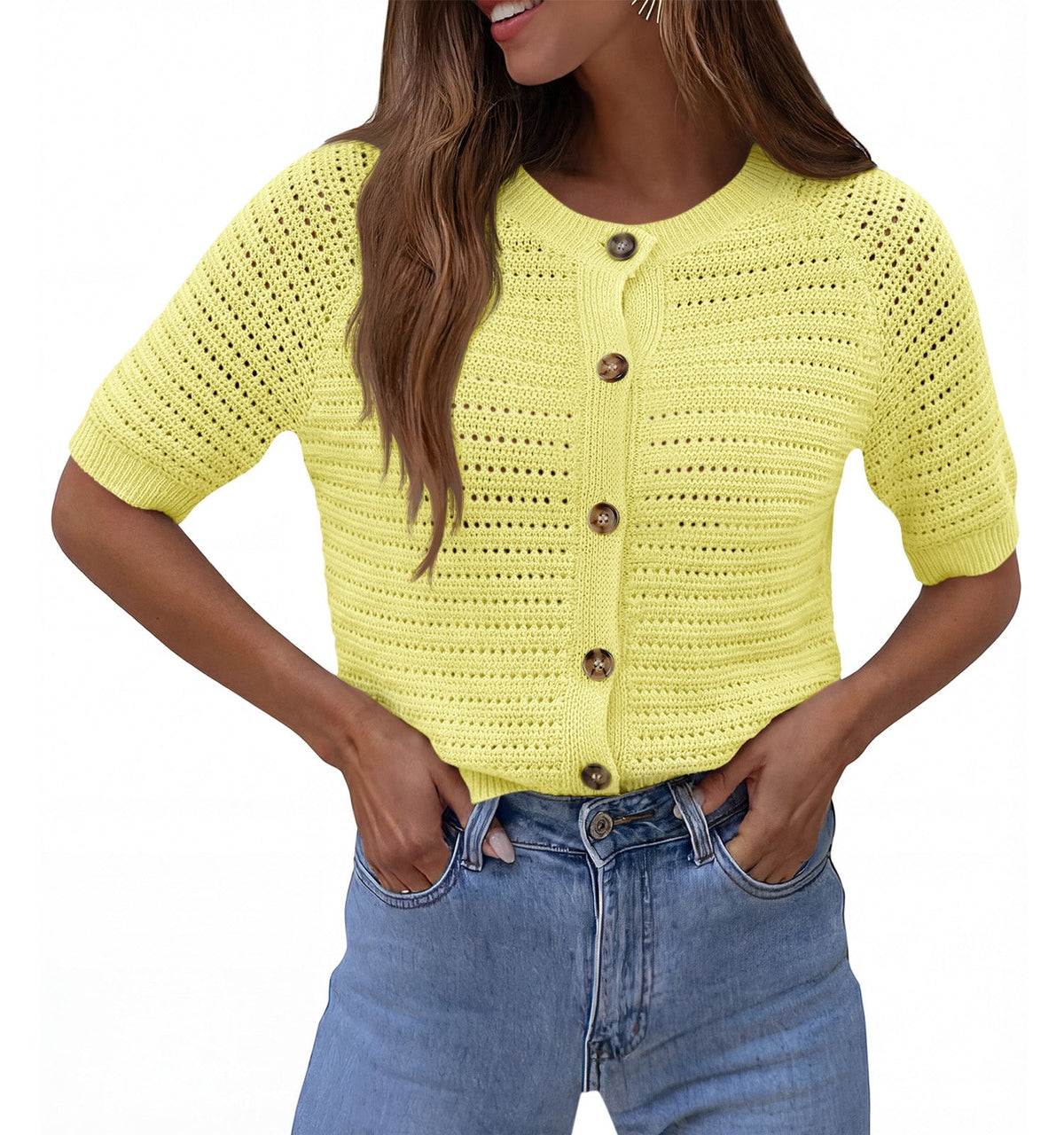 usvara Womens Crochet Short Sleeve Button Down Cardigan