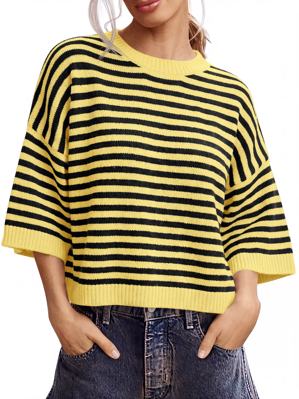 usvara Women Striped Short Sleeve Knit Top