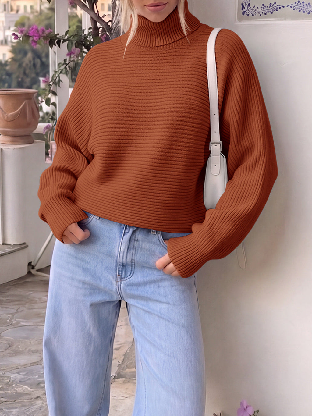 usvara Womens Batwing Sleeve Knit Turtleneck Sweater