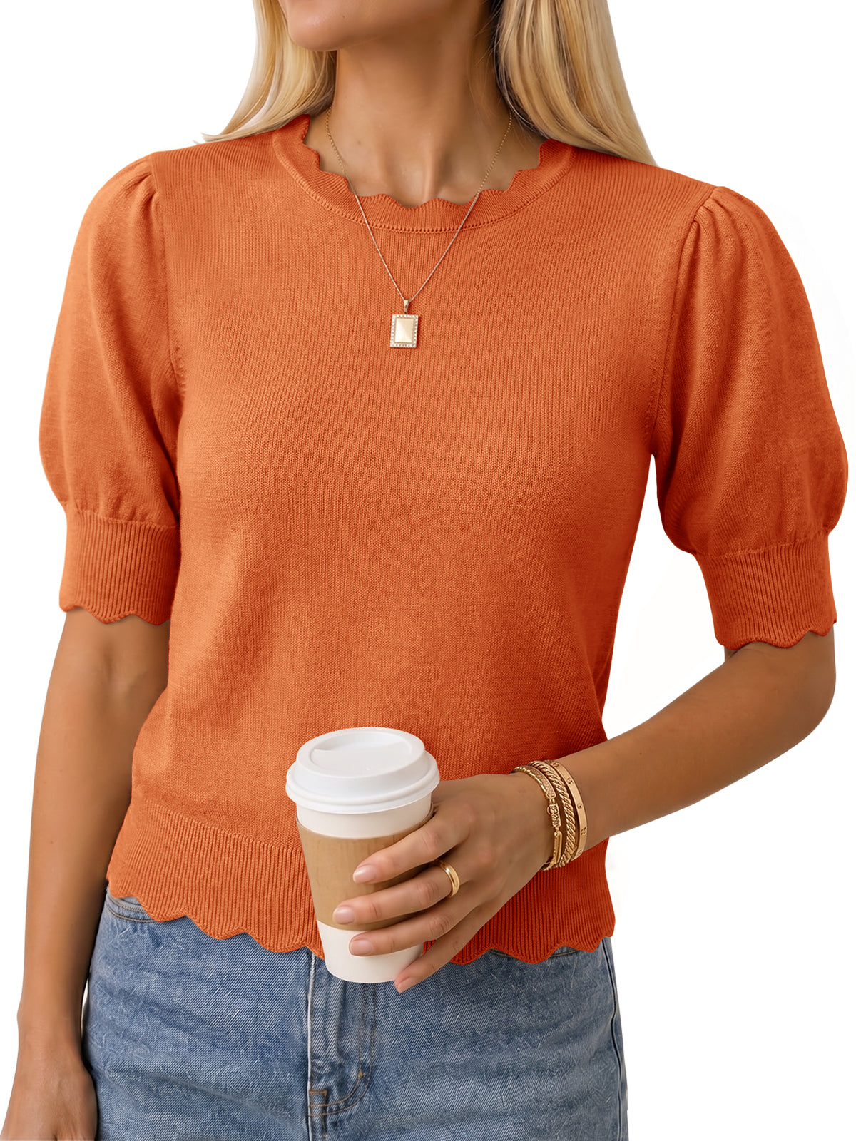 usvara Women Puff Sleeve Knit Top