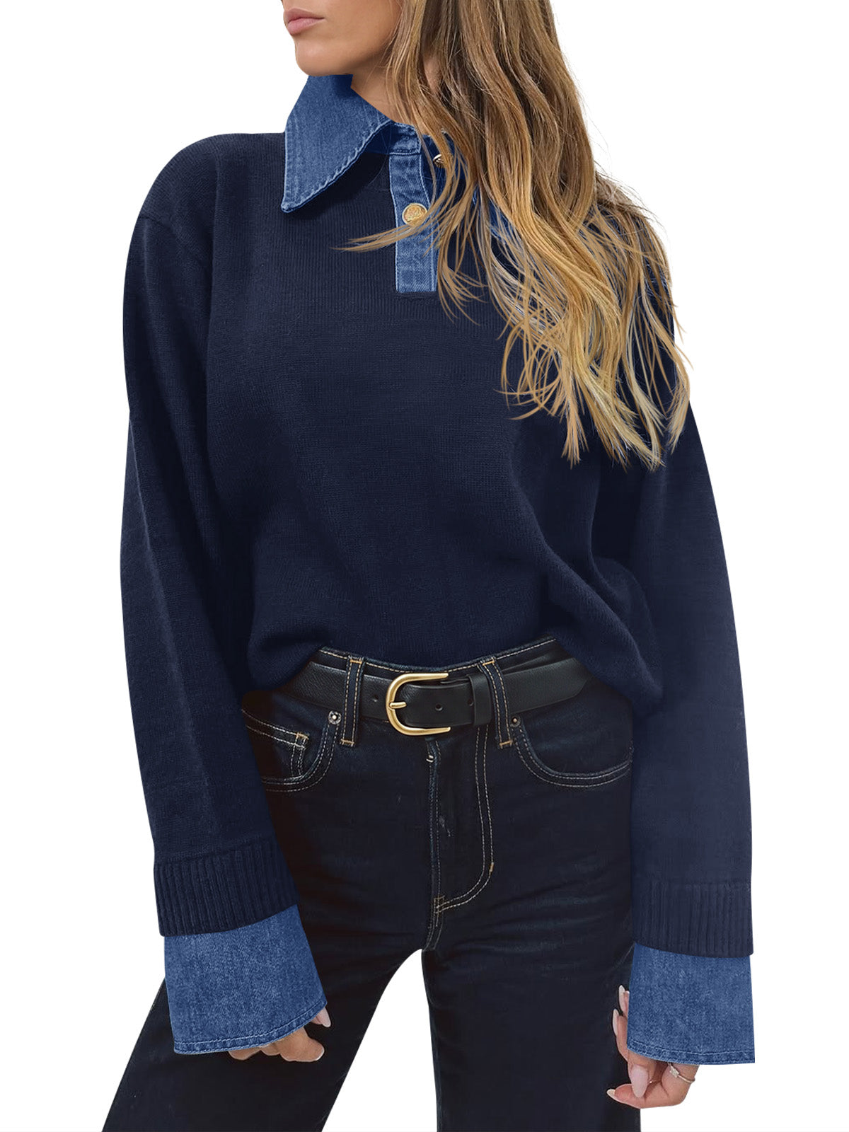 usvara Women Denim Patchwork V Neck Sweater Tops