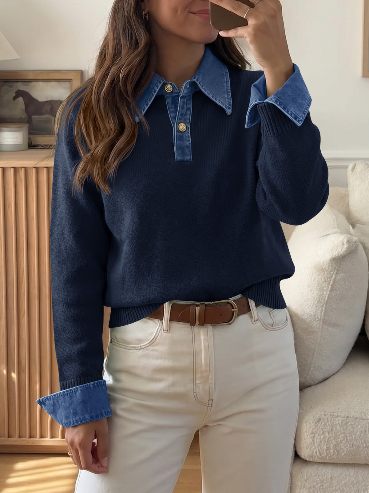 usvara Women Denim Patchwork V Neck Sweater Tops
