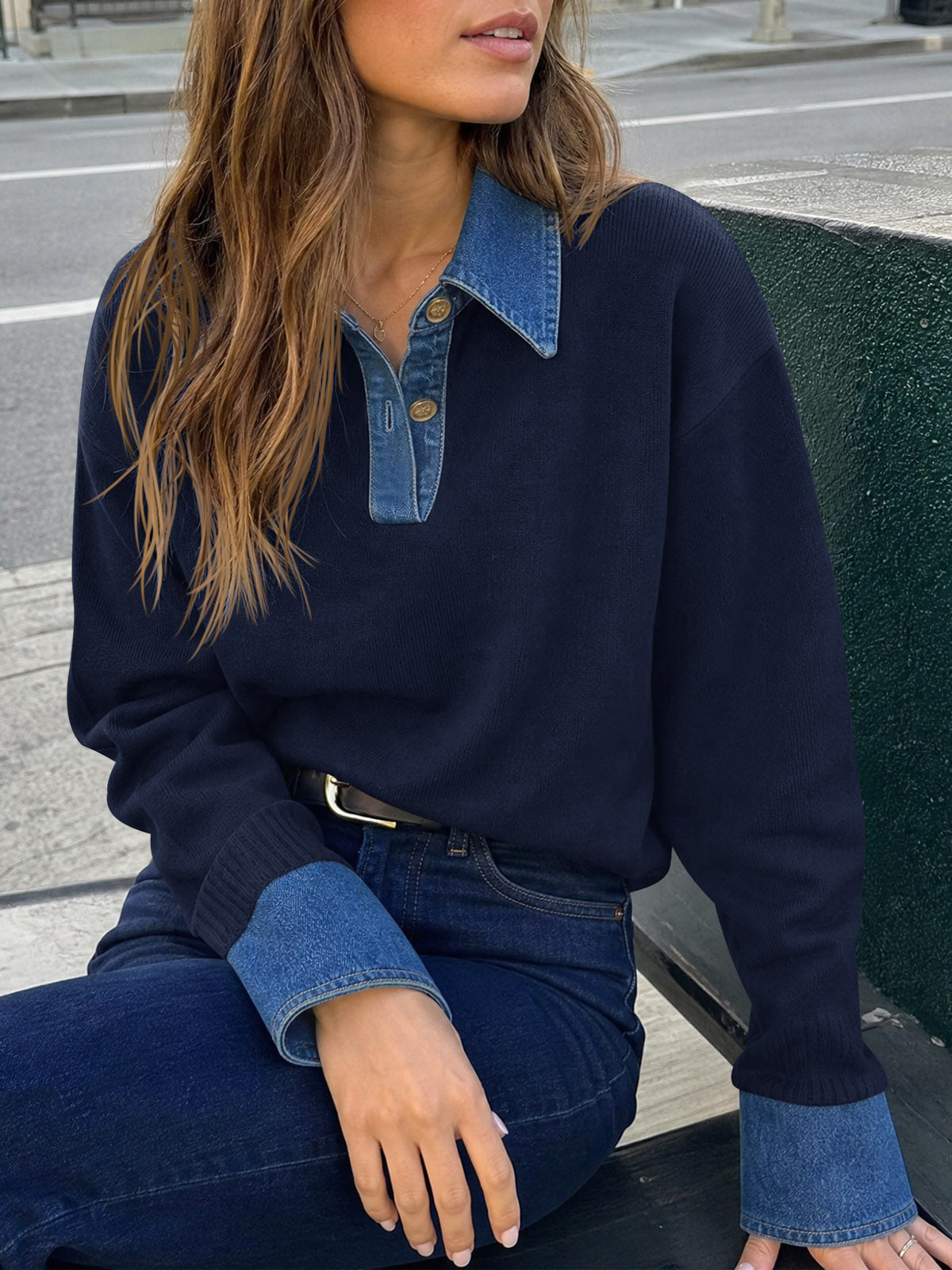 usvara Women Denim Patchwork V Neck Sweater Tops