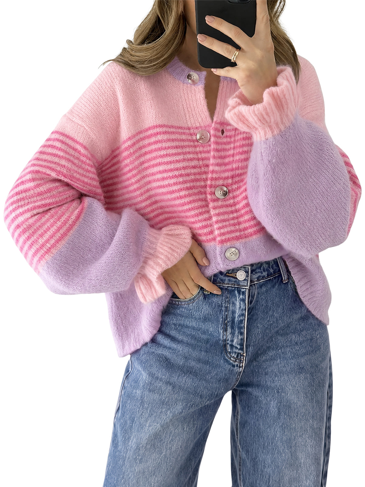 usvara Womens Striped Ruffle Sleeve Cardigan Coats