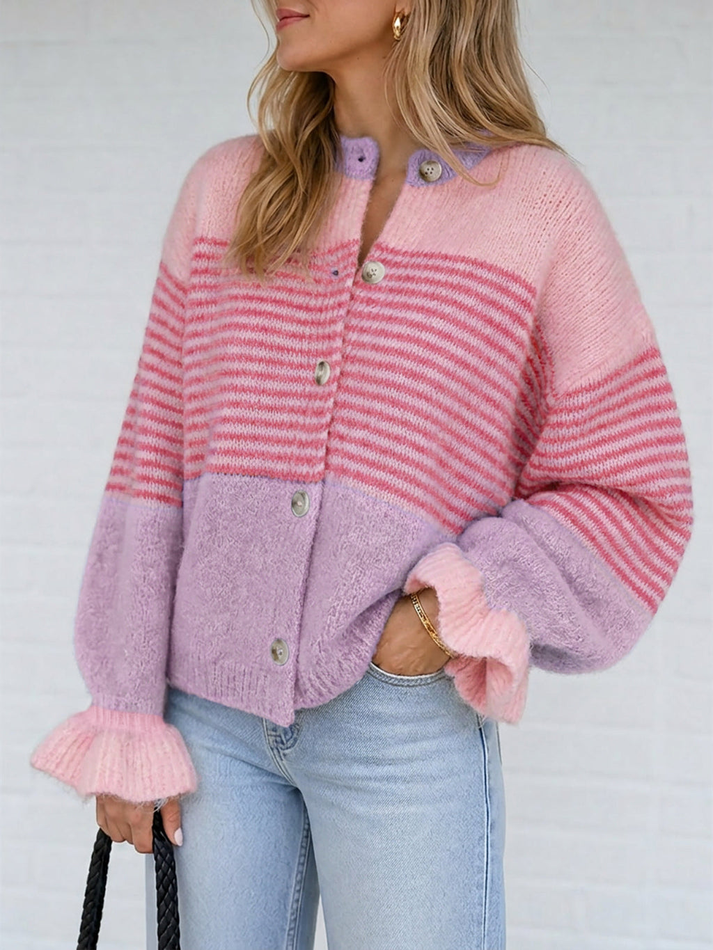 usvara Womens Striped Ruffle Sleeve Cardigan Coats