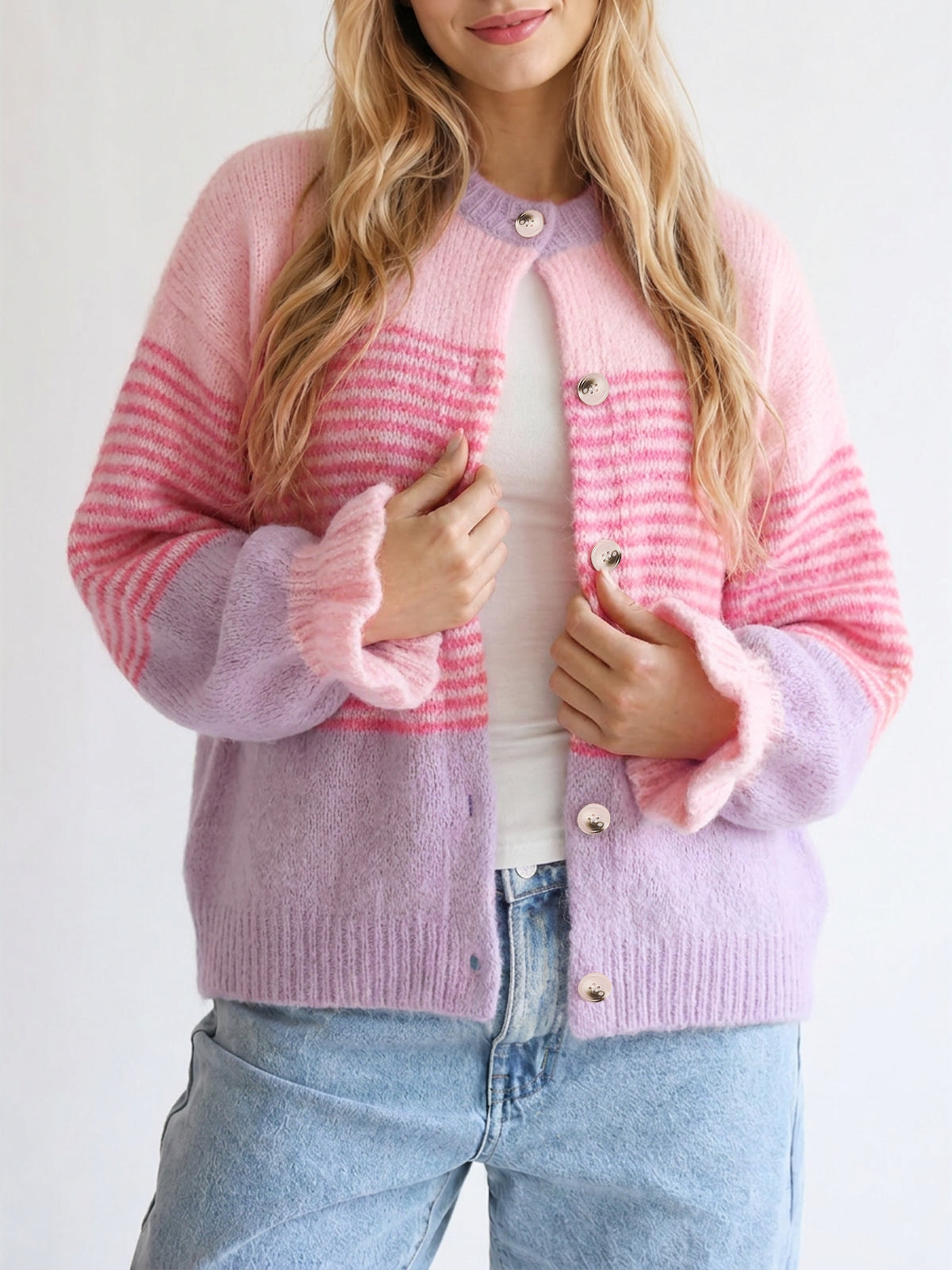 usvara Womens Striped Ruffle Sleeve Cardigan Coats