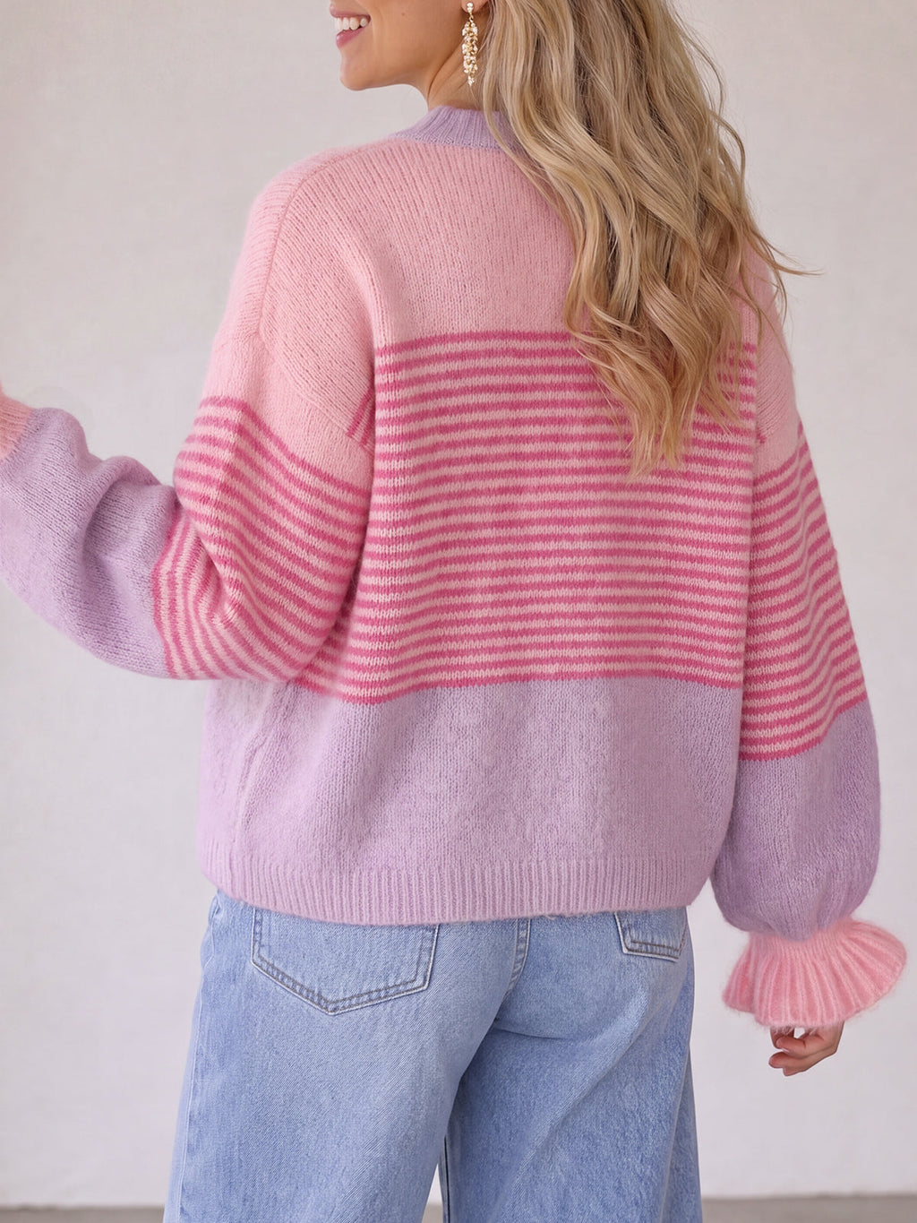 usvara Womens Striped Ruffle Sleeve Cardigan Coats