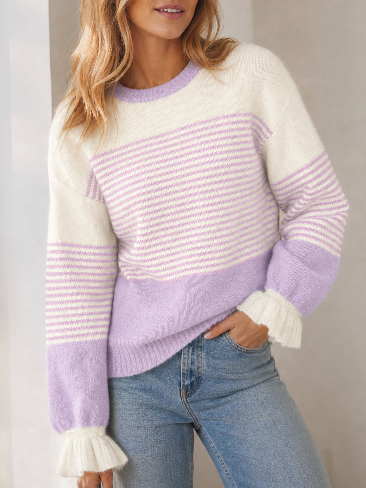 usvara Women Ruffle Sleeve Sweater